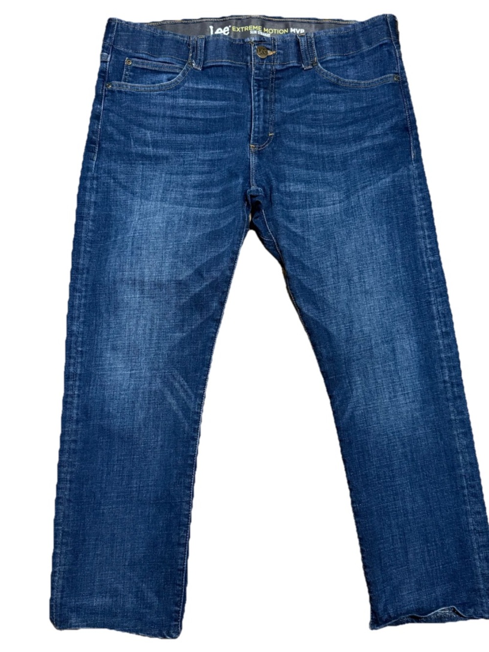 Lee Extreme Motion MVP Slim Straight Denim Jeans 38 X 29 Whiskered Blue Stretch